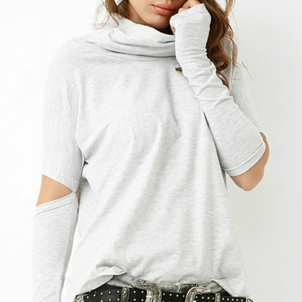 Bambina Mia Gray Space Dye Turtleneck Cutout Sleeve Top Small